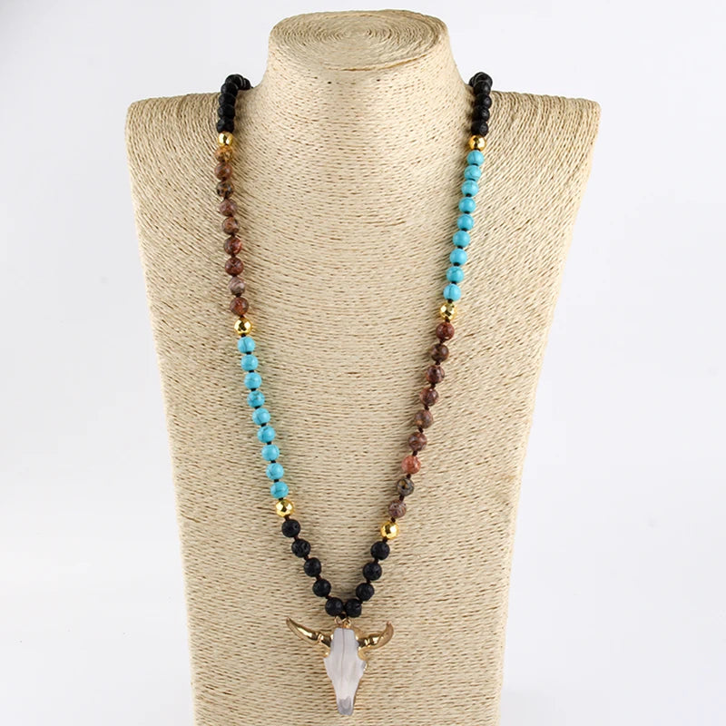 Fashion Bohemian Jewelry Sem Stone Knotted Horn Pendant Necklace For Women Boho Ethnic Necklace Gift