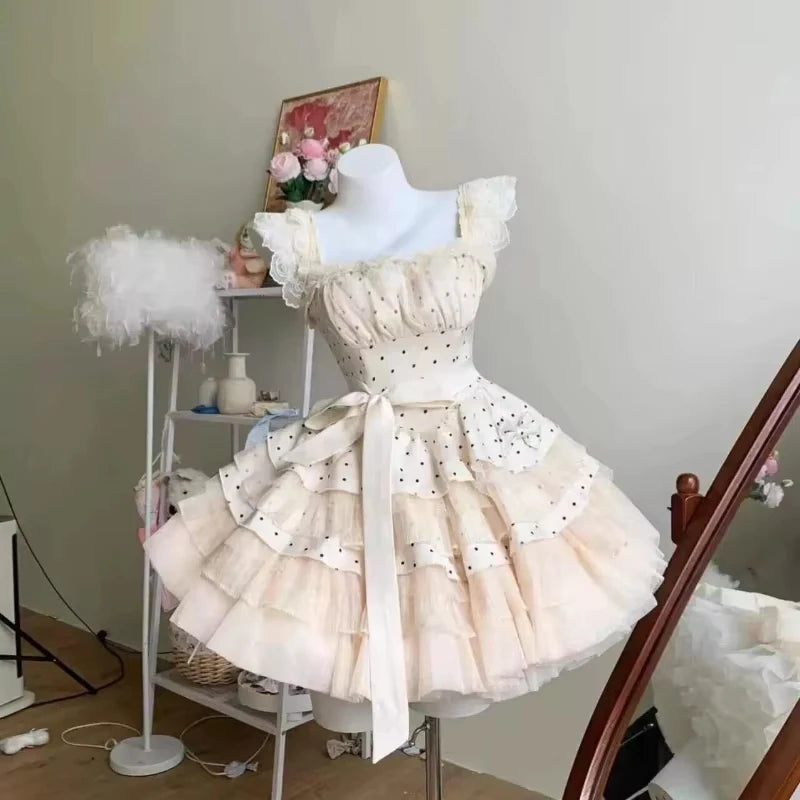 Spring Japanese Sweet Birthday Party Dress Women Y2k Cute Polka Dot Design Bodycon Dress Female Bow Korea Style Chic Clothing