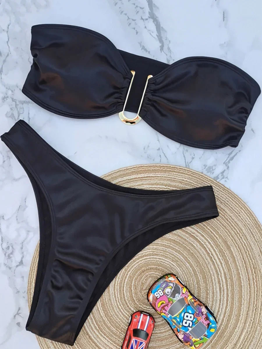 Shiny Bandeau Bikinis 2025 Strapless Bikini Female Swimsuit Women Swimwear Two-pieces Bikini Set High Cut Bathing Suit Swim Lady