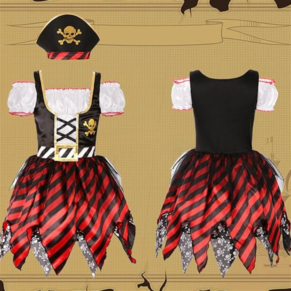 Girl Pirate Cosplay Costume Costume Halloween Pirate Jack Three-piece Suit Kids Stage Performance Clothes with Hat and Eye Mask