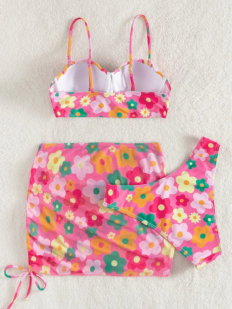 Sexy 3 Piece Bikinis Set Women Swimsuit with Skirt Swimwear 2023 New Female Push Up Bikini Beachwear Faux Pearl Bathing Suit