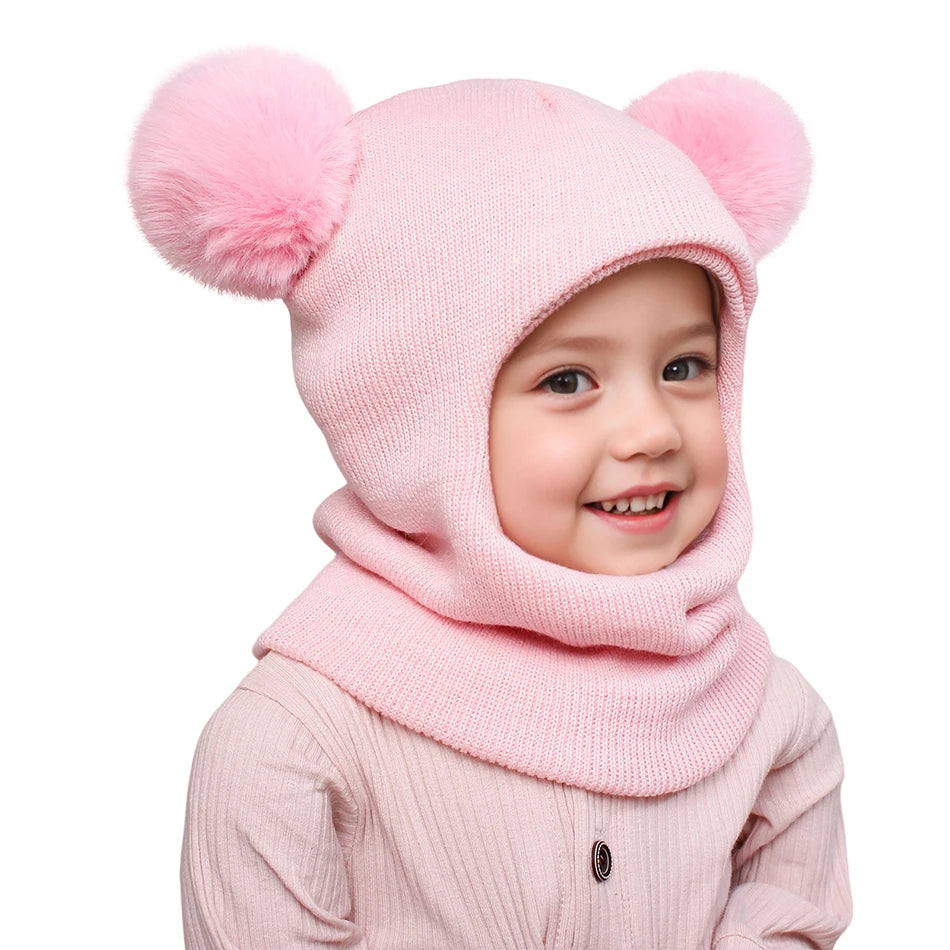 Kids Autumn Winter Pullover Hat Children's Double Ball Ear Protection One-piece Hats Baby Yarn Knit Cap Balaclava Christmas Gift