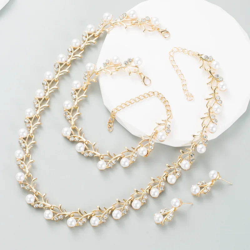 Classic Imitation Pearl Necklace Earring Bracelet for Women Kpop Fashion Gold Color Zircon Wedding Jewelry Sets Bride Accesories