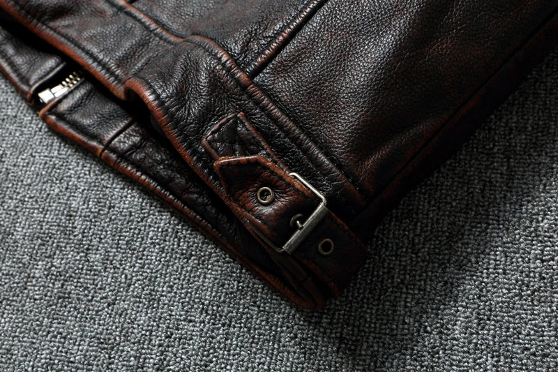 Vintage Red Brown Men Leather Jacket 100% Cowhide Jackets Slim Fit Soft Skin Coat Autumn Jaqueta Masculina De Couro