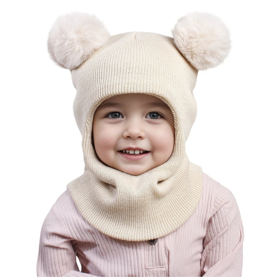 Kids Autumn Winter Pullover Hat Children's Double Ball Ear Protection One-piece Hats Baby Yarn Knit Cap Balaclava Christmas Gift