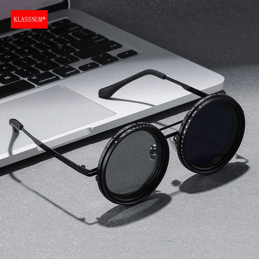 KLASSNUM ND Sunglasses Dimming Glasses Men Outdoor Polarized Sun Glasses Retro Punk Round Frame Women ND9 Tint Eyepiece New In