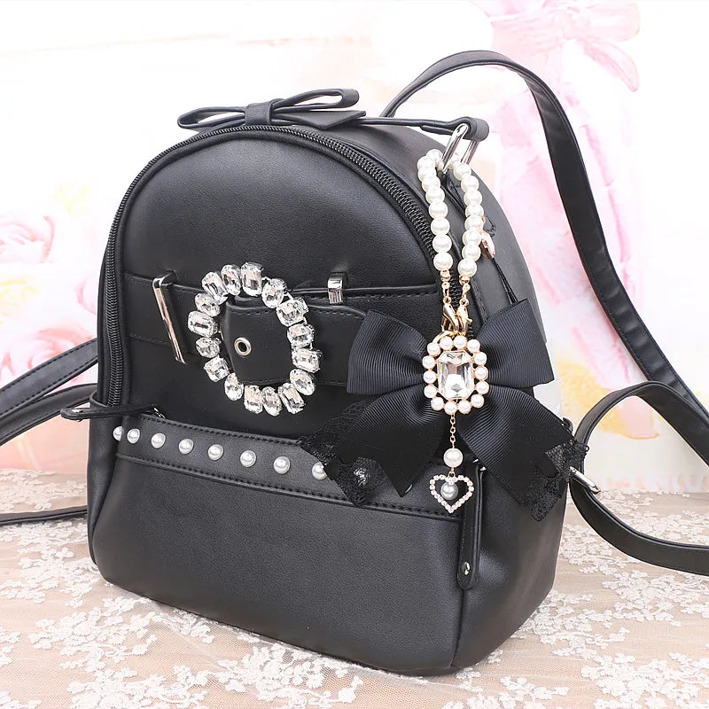 Japanese Sweet Cute Handmade Rhinestone Bow Hairpin Pearl Lace Hairclips Lolita Women Girls Side Clip Bag Pendant Handbag Charms