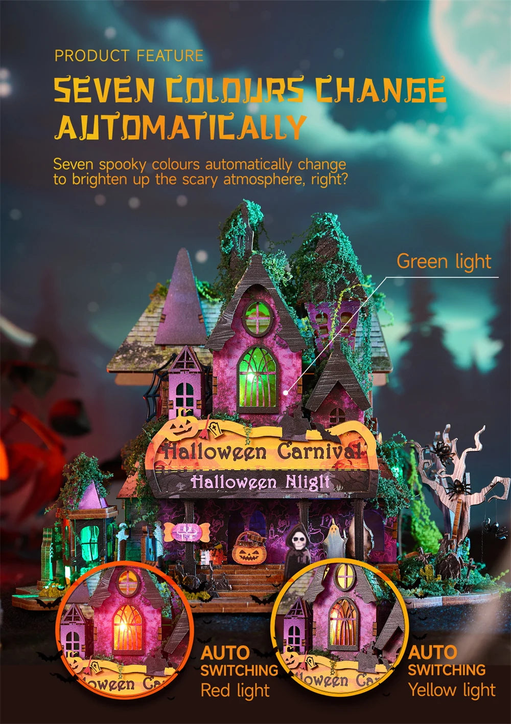 Retro DIY Wooden Halloween Night House Figurines Miniatures Kits With LED Lights Home Desk Decoration For Adult Handmade Gifts