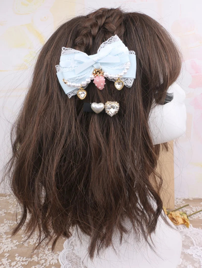Larme Kei Lace Hair Clips Sweet Girl's Beaded Bow Heart Rhinestone Hair Bows Lolita Strawberry Hair Accessories Gift