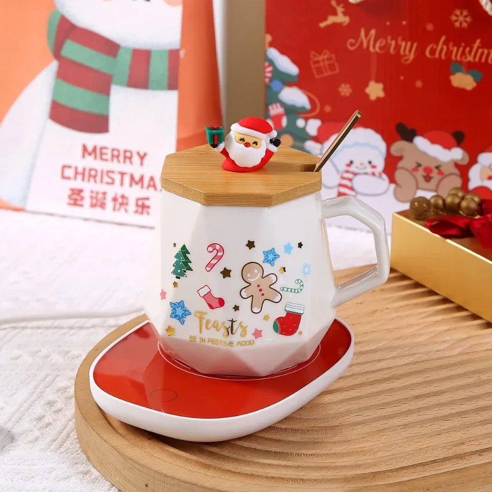 2025 Christmas Gift Set: Warm 55℃ Ceramic Mug with Lid featuring Santa Claus for Office or Home Use