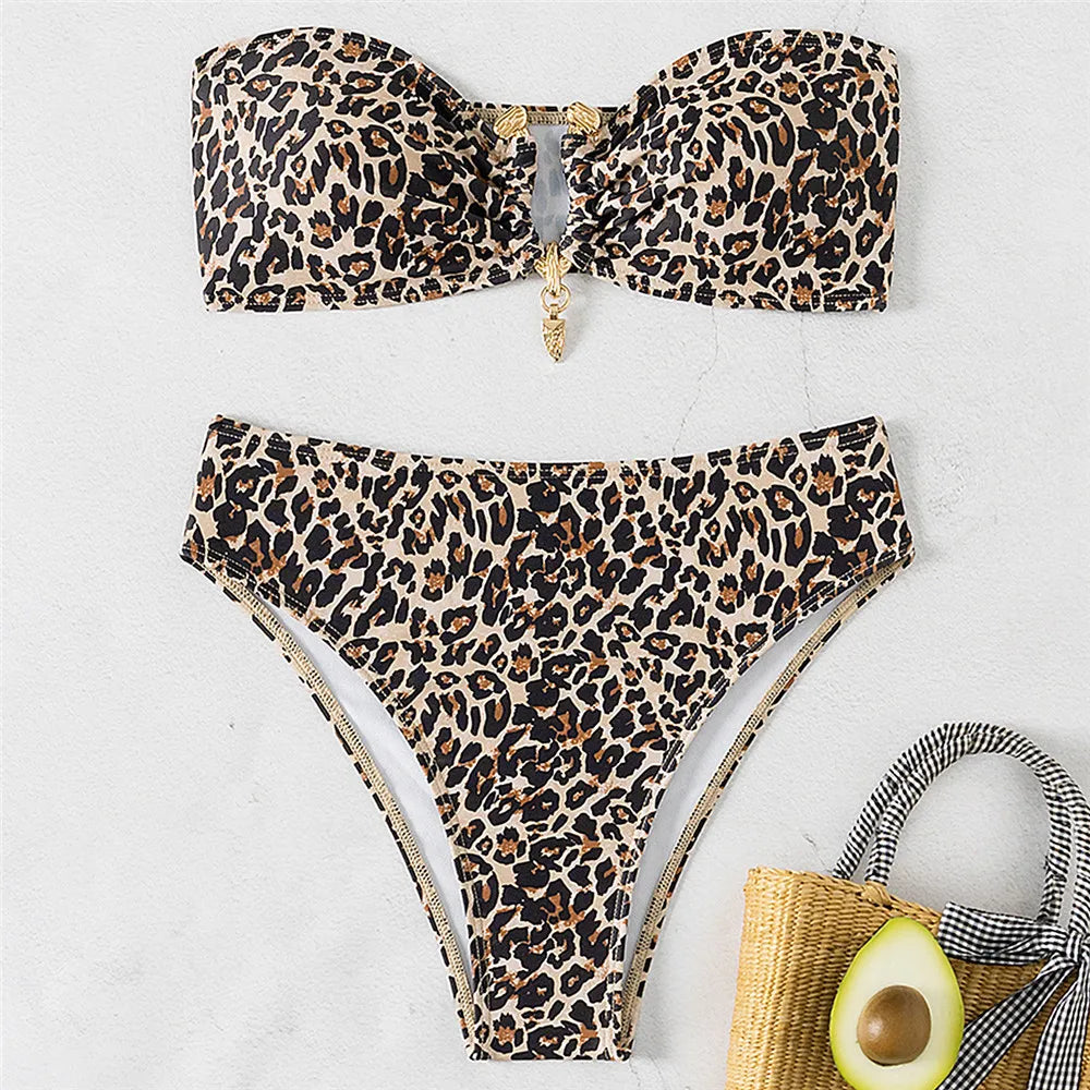 Leopard Print Swimwear Bandeau Bikinis Sets Sexy Swimsuit Women Metal Ring Wrinkled Bathing Suit Brazilian Bikini 2025 Mujer