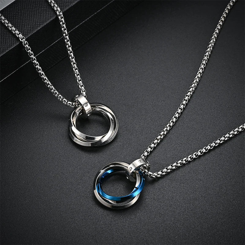 Fashion Men Necklace 3 Round Ring Stainless Steel Pendant Necklaces For Women Silver Color Chain Hiphop Rock Jewelry Accessories