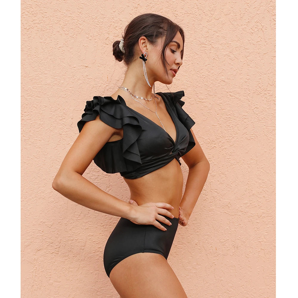 Ruffle Swimsuit 2024 New High Waist Bikini Solid Swimwear Women Sexy Bikinis Push Up Swim Wear Female Bathing Suit Beachwear