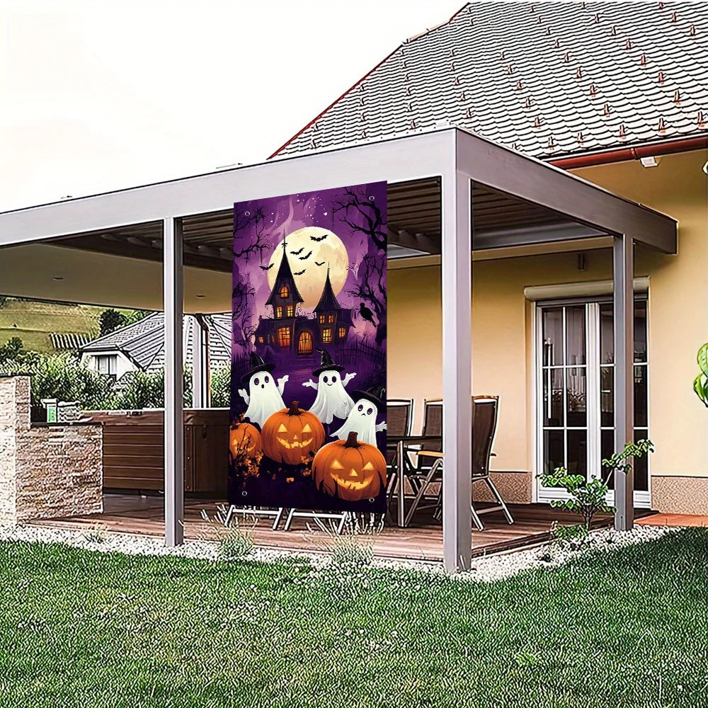 2D FLAT banner background fabric banner Party decoration Halloween door frame Pumpkin and bat pattern, party decoration banner