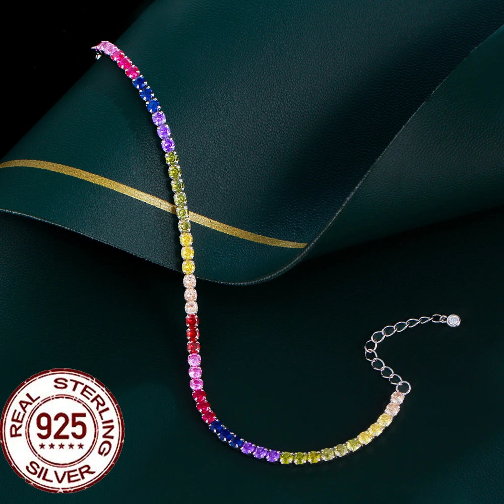 CWWZircons Sterling Silver 925 Multicolor Rainbow Tourmaline Tennis Chain Bracelets for Women Party Colorful CZ Jewelry SB018