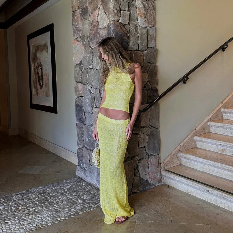 Sexy Transparent Sleeveless Shiny Camisole Tank Top Long Dress Two Piece Set 2025 Fashion Elastic Waist Wrap Hip Knitted Set K68