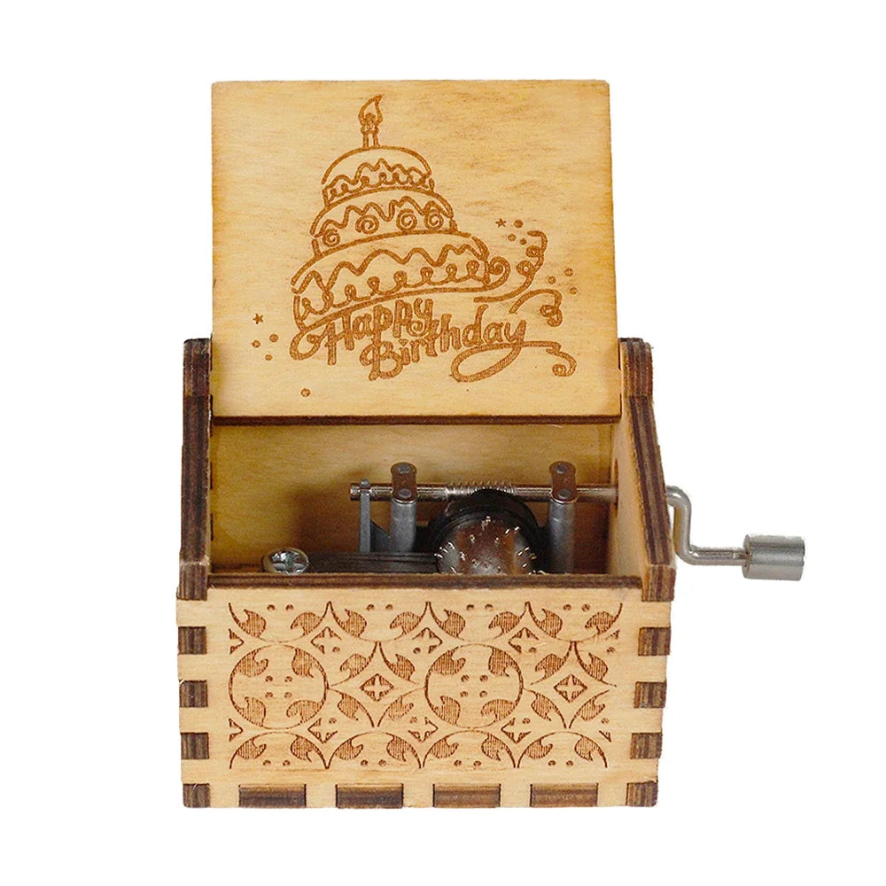 Wooden Happy Birthday Laser Carved Retro Hand Cranked Music Box The Best Unique Christmas Gift For Valentine's Day And