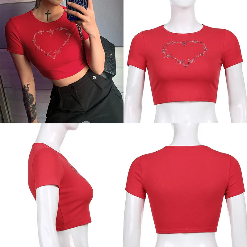 Women T-Shirt Y2k Style Crop Tops Tees Rhinestones Slim Graphic Summer Fashion Harajuku Streetwear Short Sleeve Women Clothes