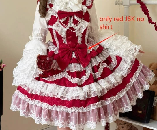 Super Fairy Lolita Dress Set New Spring and Autumn Sweet Girl Women's Flower Lace Bow Shirt Princess Jsk Suspender Dress