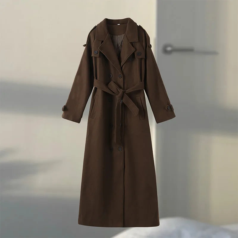 Elegant Woolen Long Coats Women Double-breasted Turn-down Collar Full Sleeves Jackets 2025 Autumn Winter Fashion Outwears Lady
