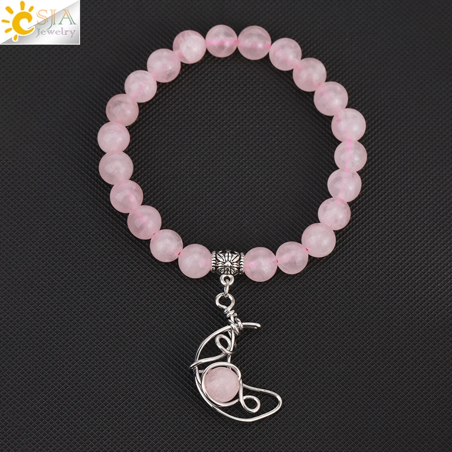 Natrual Stone Bracelet for Women Energy Star Moon Crystal Charm Tiger Eye Pink Quartz Bangle Bead Bracelets Relationship T019
