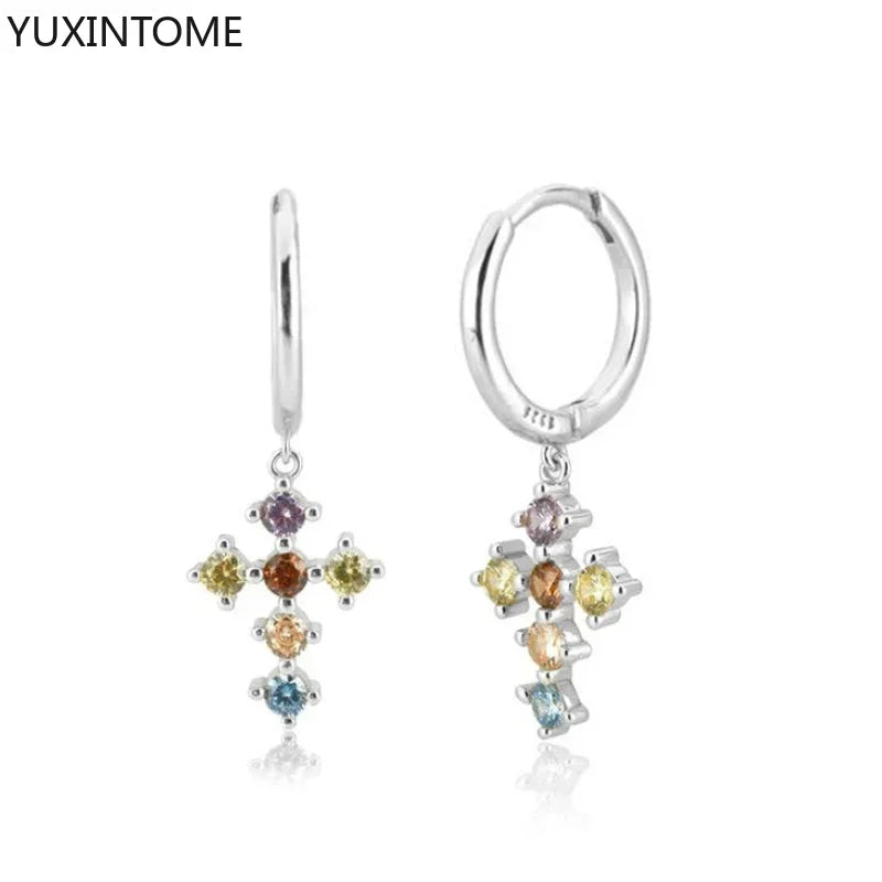 Colorful Crystal Earrings 925 Sterling Silver Ear Needle Stud Earrings for Women Cross Dangle Earrings Party Wedding Jewelry
