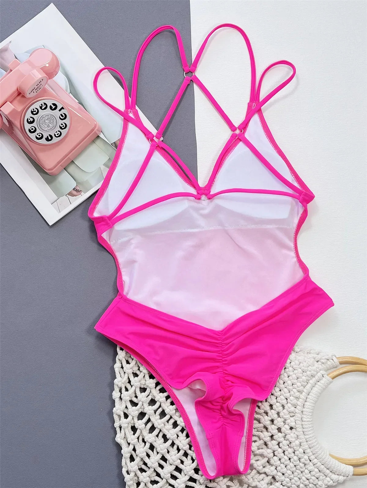 Solid Blue Backless Swimwear One Piece Sexy Swimsuit Women 2025 Back Cross String Bathers High Cut Bathing Suit Swmming Wear