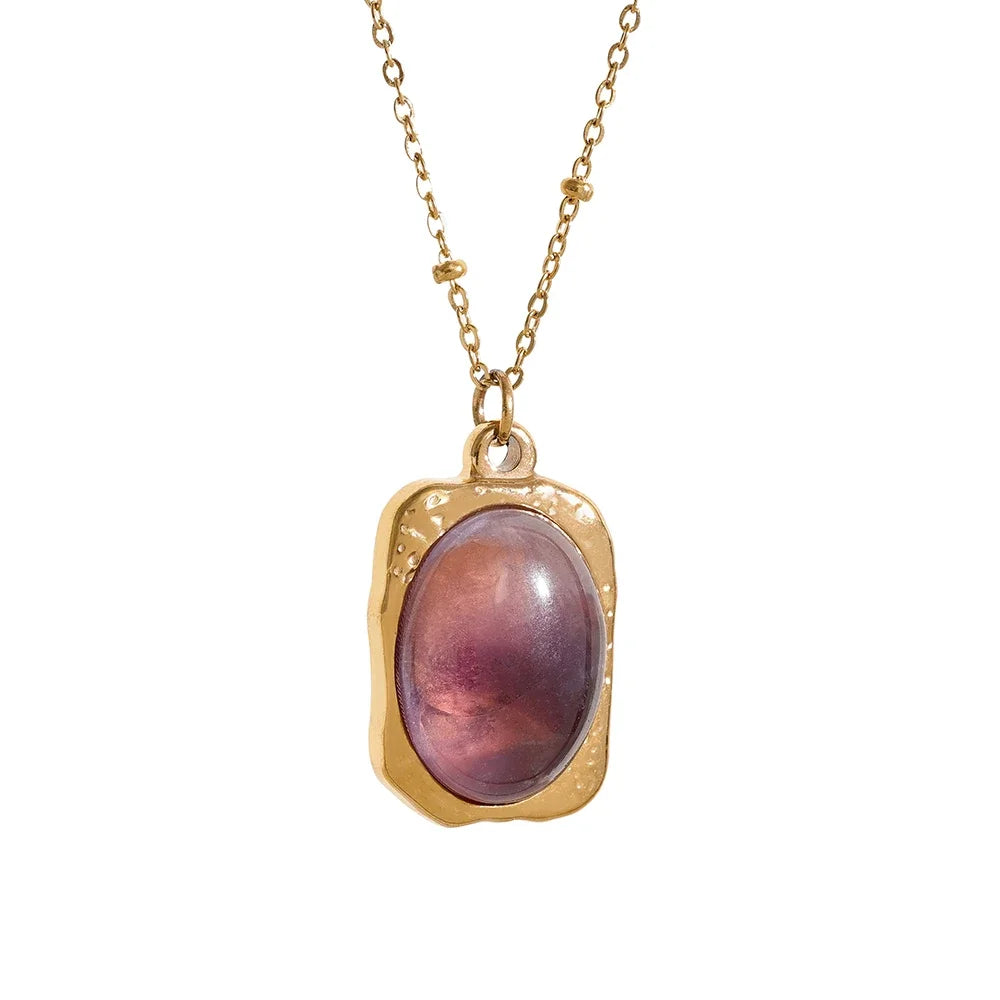 Yhpup Natural Stone Square Pendant Stainless Steel Necklace Amethyst Green Aventurine Charm Fashion Collar Jewelry  Women