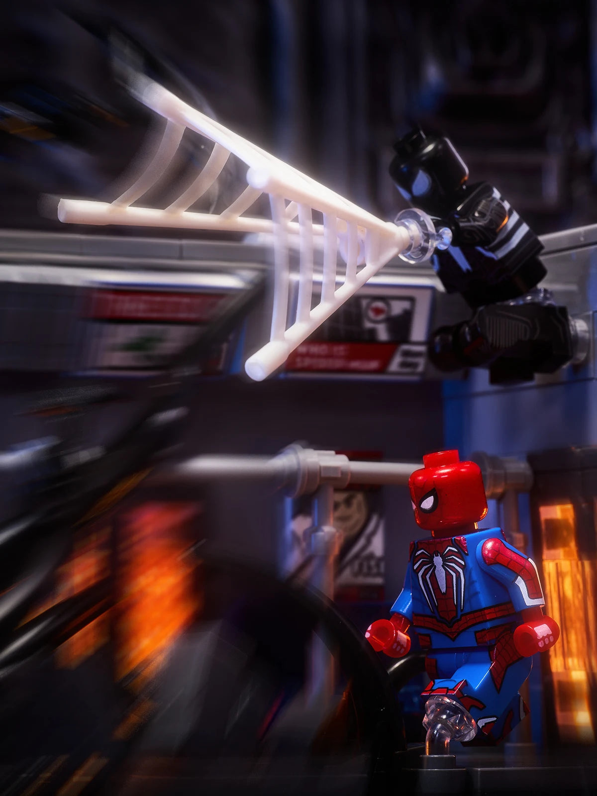 MOC scene: Marvel Venom vs. Spider-Man in the subway. Spider-Man's assembled toy bricks. Christmas gift for a boy and a girl.