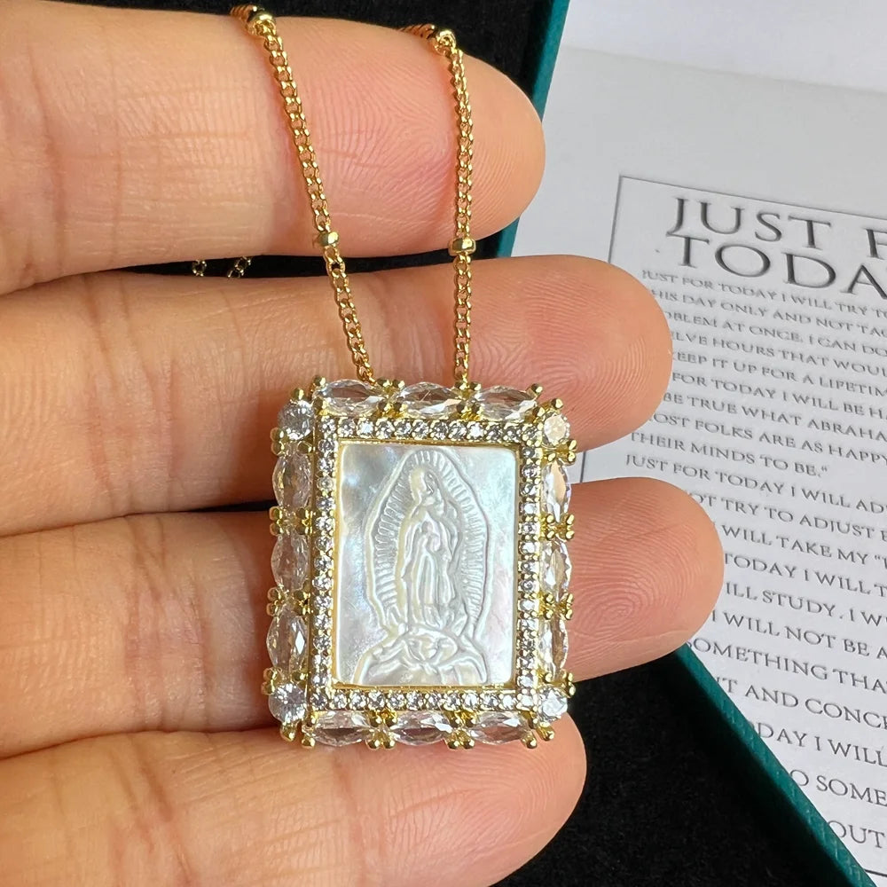 Natural Mother Pearl Shell Virgin Mary Guadalupe San Benito Charm Necklace Rectangle Religious Medals Necklace for Women & Gift