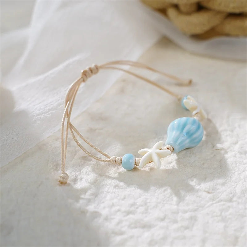 Bohemian Conch Starfish Shells Beaded Bracelets for Women Girls Boho Style Shell Beaded Beach Bangles Jewelry Gift Adjustable