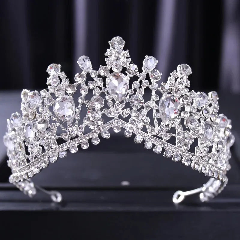 Luxury Silver Color Crystal Pearls Bridal Tiaras Crown Baroque Rhinestone Pageant Diadem Bride Headband Wedding Hair Accessories