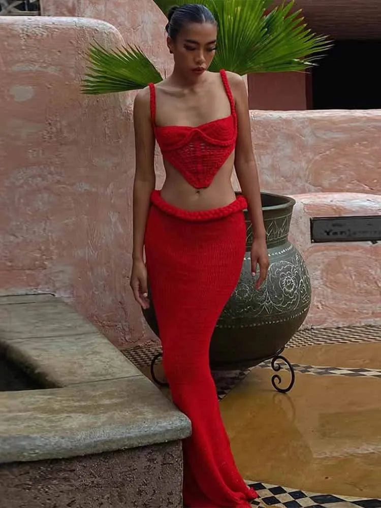 BKQU Crochet Knit Skirts Set Women Sexy Hollow Out Lace Up Crop Tops Hip Package Split Long Skirt Elegant 2 Pieces Beach Outfits