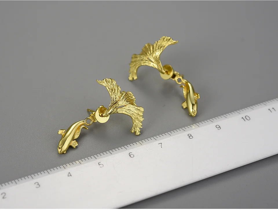 Lotus Fun 18K Gold Unusual Divided Design Fighting Fish Stud Earrings for Women Real 925 Sterling Silver Original Fine Jewelry