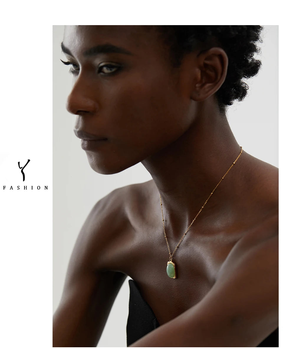 Yhpup Natural Stone Square Pendant Stainless Steel Necklace Amethyst Green Aventurine Charm Fashion Collar Jewelry  Women