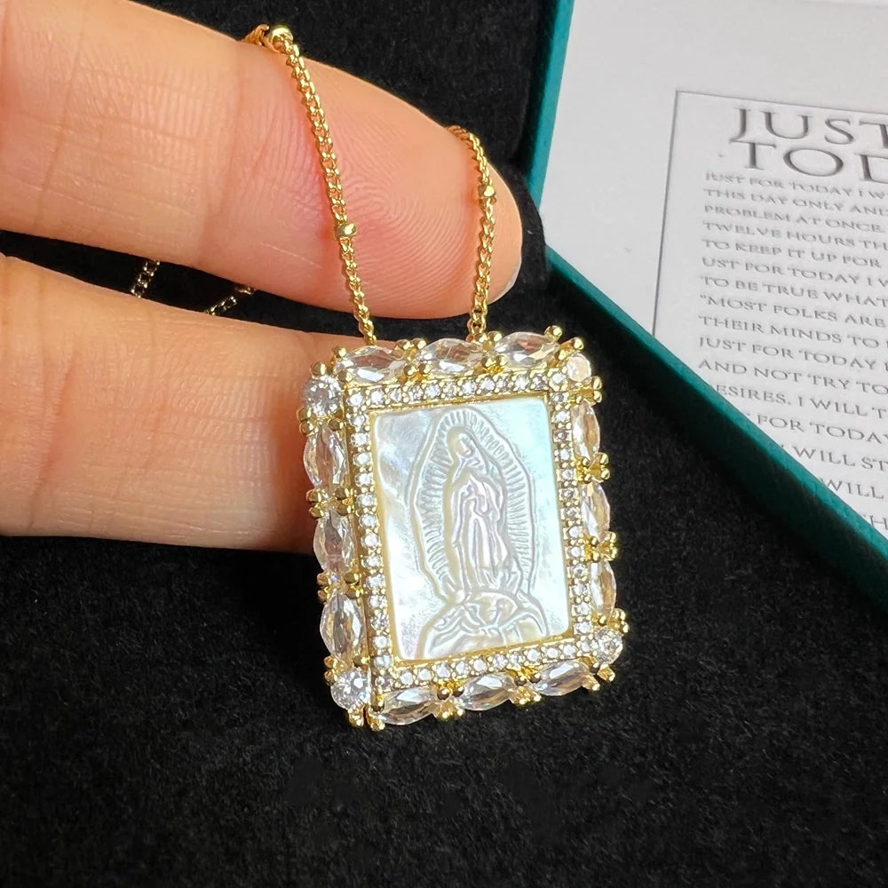 Natural Mother Pearl Shell Virgin Mary Guadalupe San Benito Charm Necklace Rectangle Religious Medals Necklace for Women & Gift