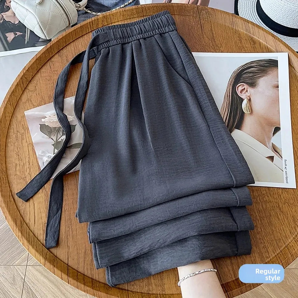 Ice Silk Wide Leg Pants Women's Loose Casual Thin Summer Trousers Small Size Draped Straight Leg Pants Female Fashion