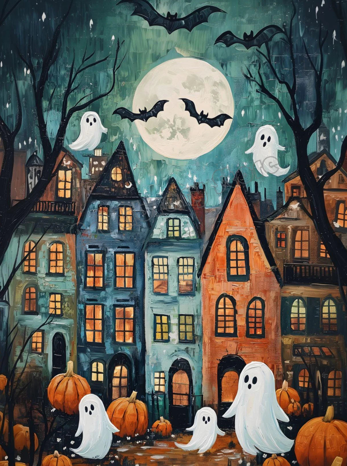 Spooky Halloween Town Folk Magical Forest Ghost Pumpkin Illustration Poster Canvas Painting Wall Pictures Holiday Home Decor