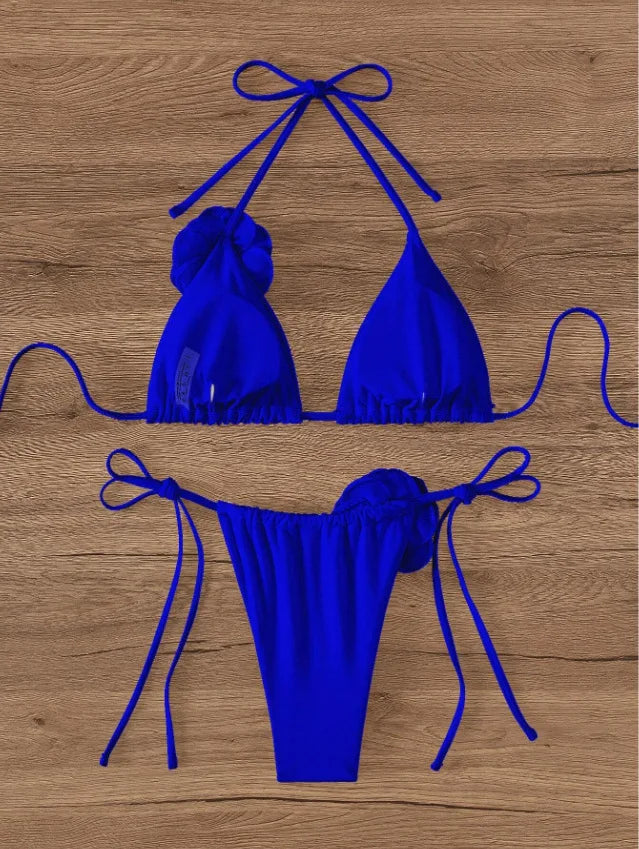 Sexy Bikini Set Women Swimsuit 2024 Black White 3D Floral Print Micro Bikinis Brazilian Cutout Beach Bathing Suit Thong Swimwear