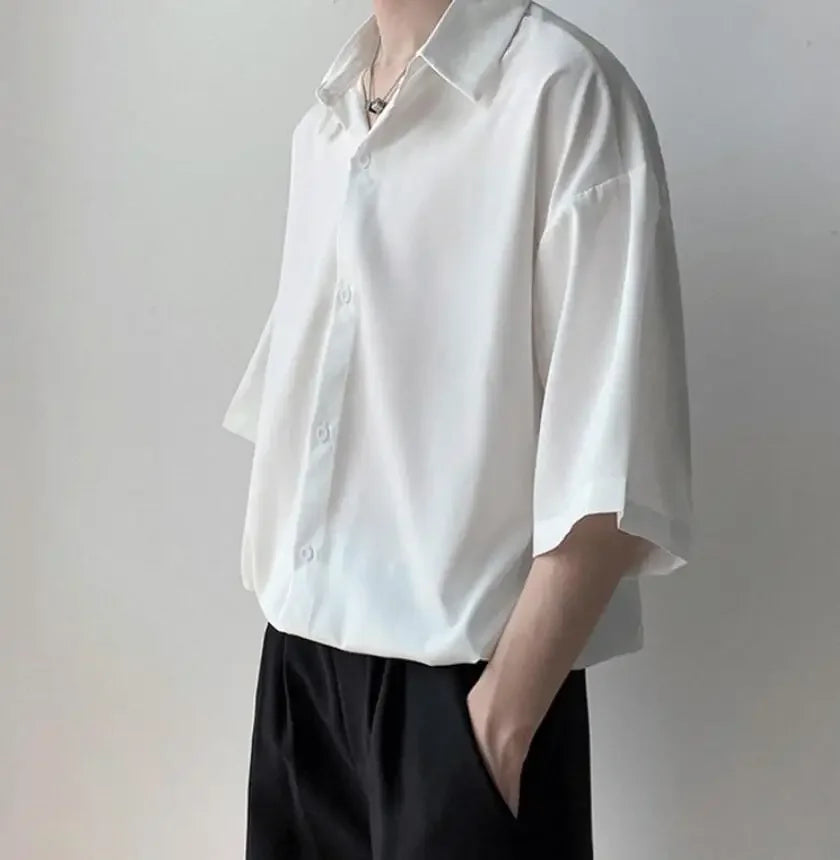 Clothes Short Sleeve Black Male Top Plain Men's Shirt And Blouse With Collar Korean Style Xxl Luxury Summer Original Silk Luxury