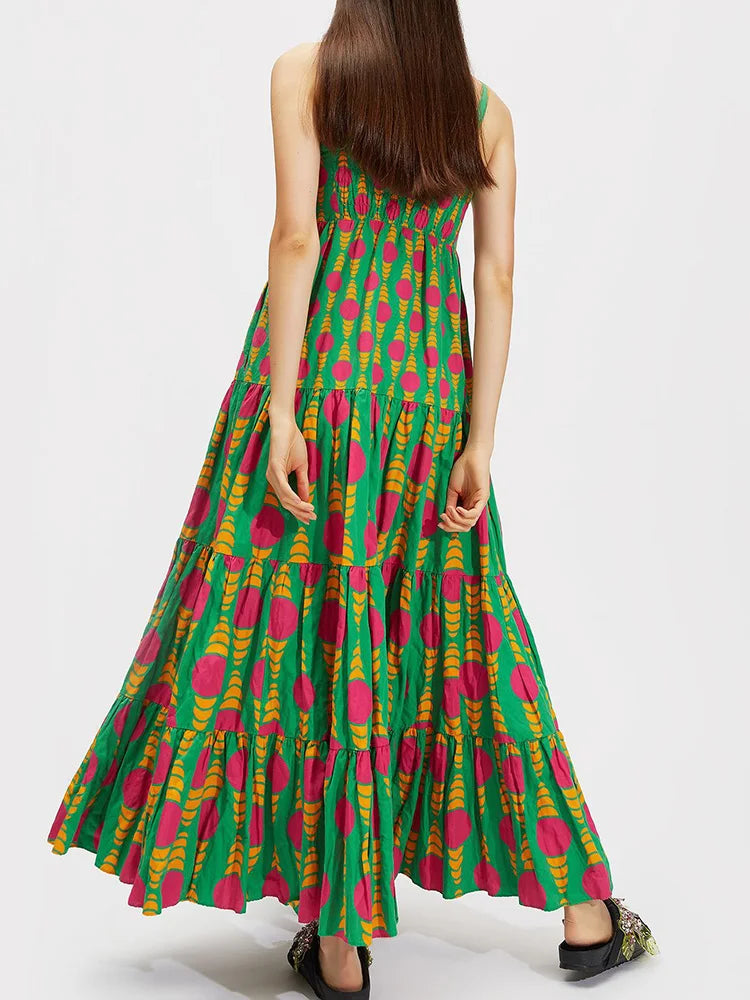 Square Collar Backless Patchwork Maxi Dress, Women Summer Sleeveless Print Party Dress, 2024 Casual Elegant Ladies Dress Vestido