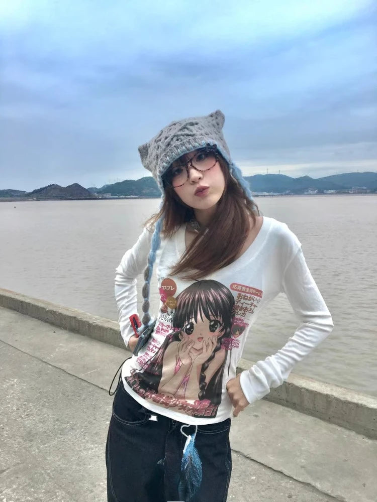 Cute T Shirt Women's Clothing Long Sleeve Slim Waist Anime Tees Y2k Tops 2025 Ropa Mujer Casual Fashion Japanese T-shirts 63c405