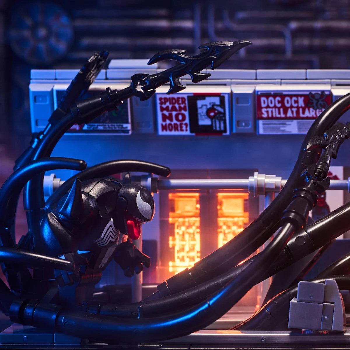 MOC scene: Marvel Venom vs. Spider-Man in the subway. Spider-Man's assembled toy bricks. Christmas gift for a boy and a girl.