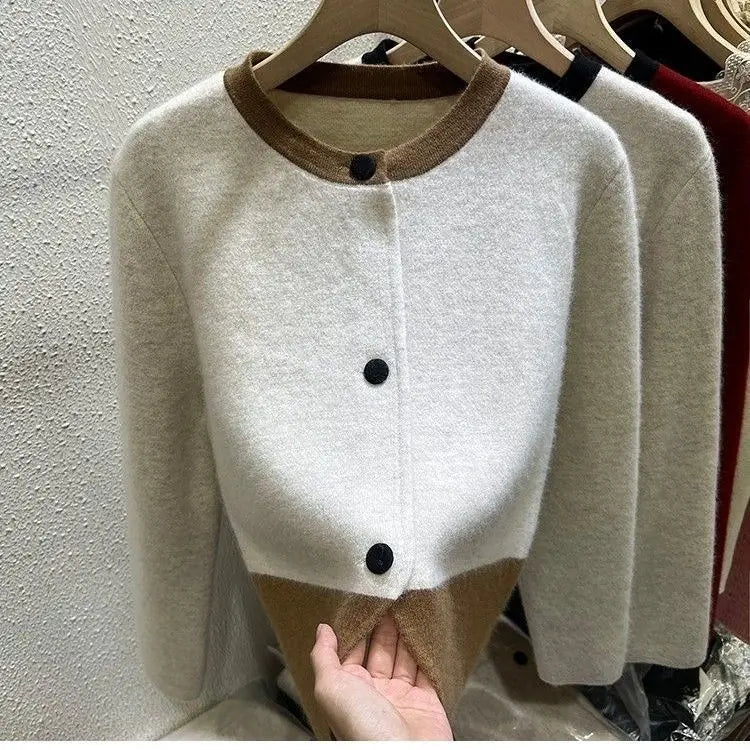 Xiaoxiangfeng Contrasting Color Sweater Jacket for Women in Autumn Winter Spring and Autumn Lazy Style Small Knitted Cardigan