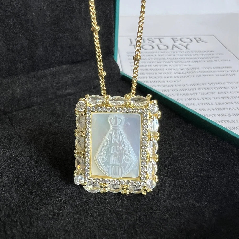 Natural Mother Pearl Shell Virgin Mary Guadalupe San Benito Charm Necklace Rectangle Religious Medals Necklace for Women & Gift