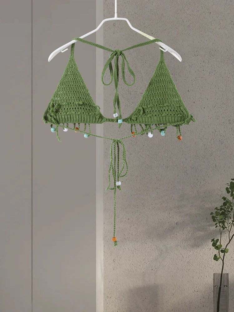 Sexy Beach Knit Women's Sets Crochet Flower Bikini Mini Skirt Female Suits 2025 Summer Halter Sleeveless Backless Top Skirts Set