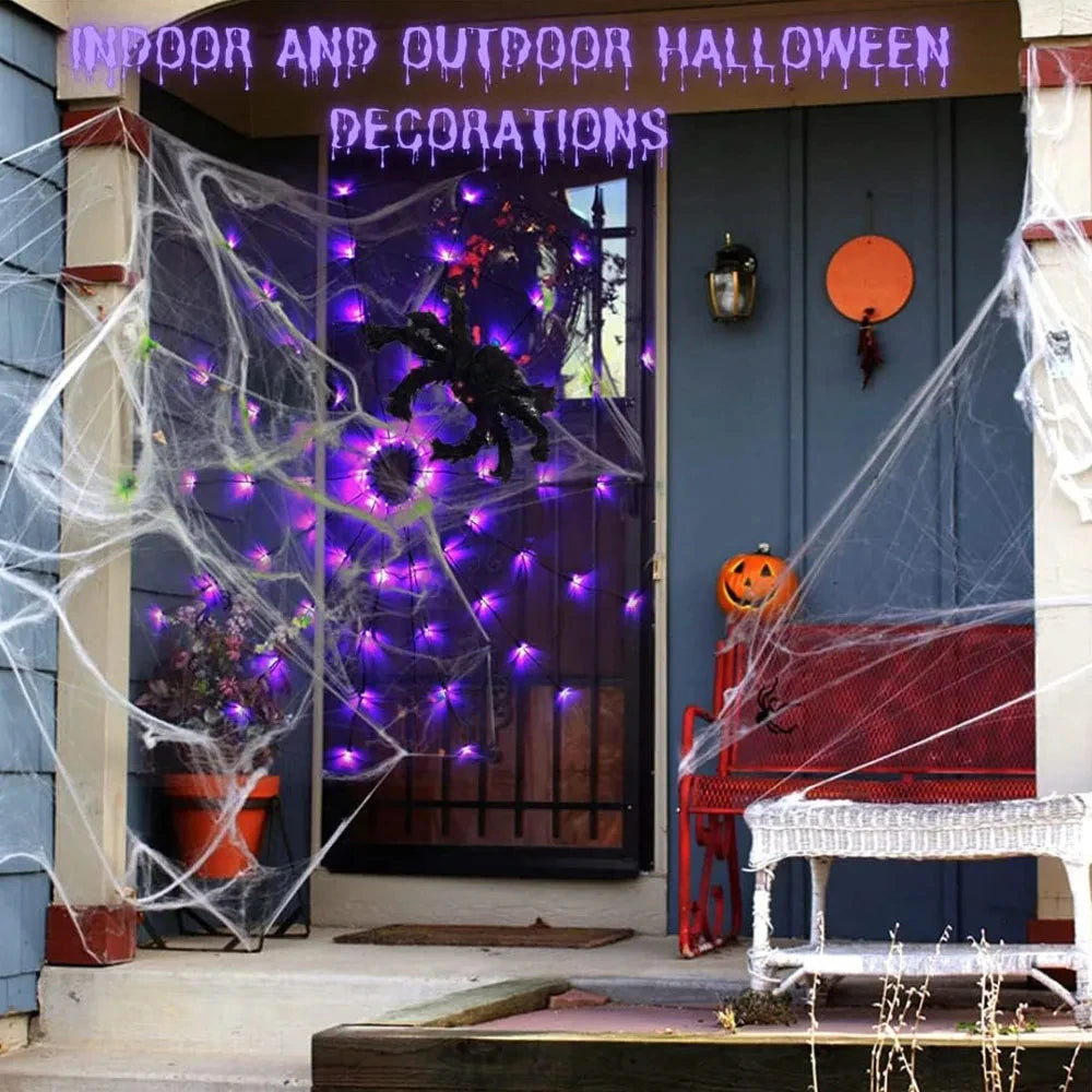 Halloween Window Decorations Purple Spider Web String Lights with 70 LEDs Battery Powered Remote Control 8 Modes for Party Decor