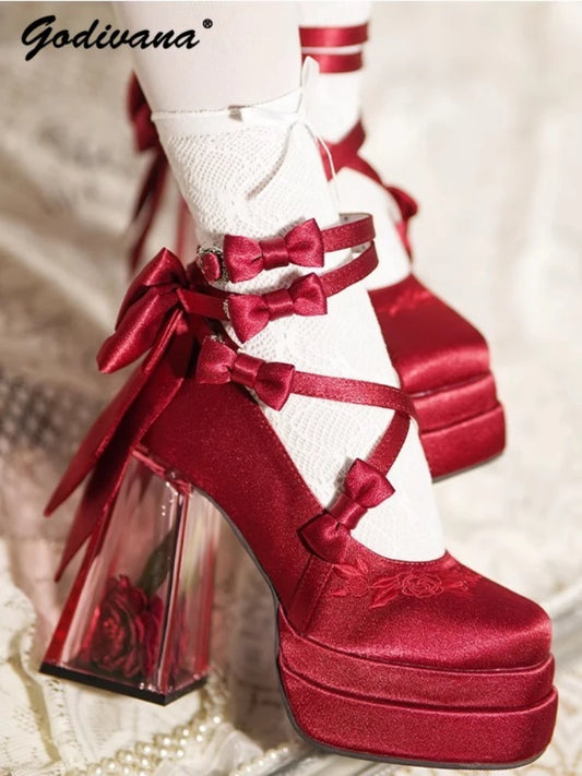 Original Lolita High Heels Elegant Ladies Camellia Embroidery Sweet Bow Satin Mary Jane Shoes Cos Shoes Women's Chunky Heels