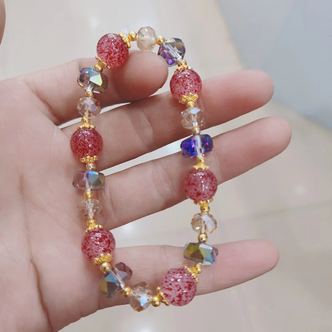 Fashion Natural Strawberry Crystal Bracelets For Women Light Luxury Pink String Beaded Elastic Bangles Party Jewelry Gift