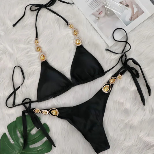 Black Sexy Bikinis 2025 Swimsuit With Rhinestones Women Swimwear Female Push Up Bikini Beach Swim Wear Bathing Suit Pool Bather